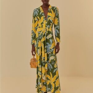 Yellow and Green Plunge Neck Bishop Sleeve Sundress